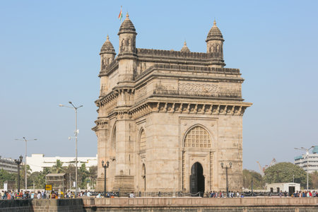 Editorial: MUMBAI, MAHARASHTRA, INDIA, April 12, 2017 - The Gateway of India seen from the sideのeditorial素材