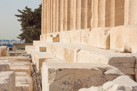 Curvature of the stylobate of the Parthenon on the Acropolis Hill. Selective focus on the platform of the monument.のeditorial素材