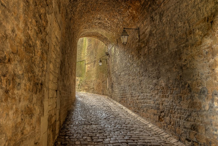 Editorial: SEDAN, FRANCE, June 18, 2017 - Small tunnel leading to the access of the Sedan Castle covered with cobblestonesのeditorial素材