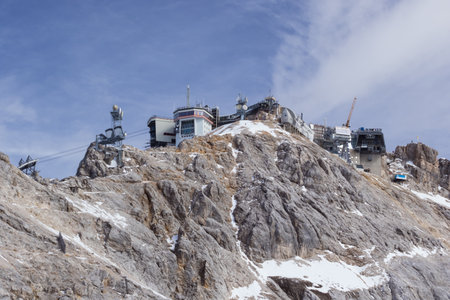 Close up of the mountain station of the Zugspitze with the construction site of the new cable carのeditorial素材