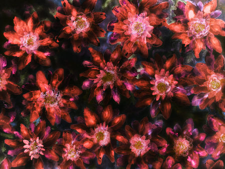 Field of illuminated red daisies in the dark. The dabbing technique near the edges gives a soft...