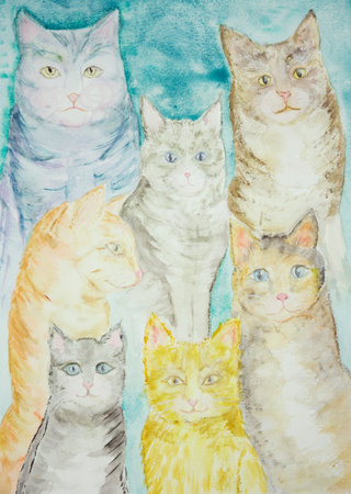 Gathering of different kind of cats with a turquoise background . The dabbing technique gives a soft focus effect due to the altered surface roughness of the paper.の写真素材