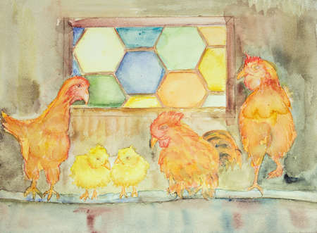 Chicken with baby chicken in their house. The dabbing technique near the edges gives a soft focus effect due to the altered surface roughness of the paper.の写真素材
