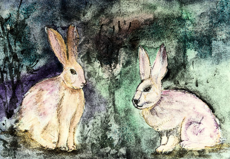 Apocalyptic rabbits on a bluish turquoise background. The dabbing technique gives a soft focus effect due to the altered surface roughness of the paper.の写真素材