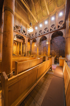 Editorial: NOTODDEN, TELEMARK, NORWAY, June 04, 2018 - View inside the Heddal Stave church. Photo taken from the left side wall.のeditorial素材
