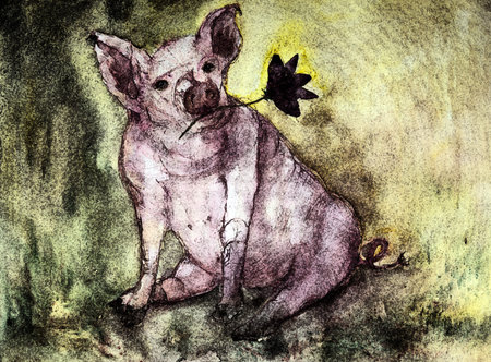Chinese zodiac, rustic painted pig with lotus flower. The dabbing technique gives a soft focus effect due to the altered surface roughness of the paper.の写真素材