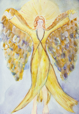 Feminine angel with long dress and wings. The dabbing technique gives a soft focus effect due to the altered surface roughness of the paper.の写真素材