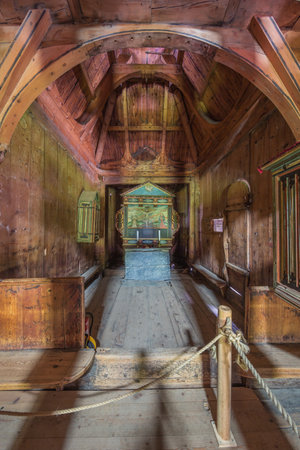 Editorial: LAERDAL, SOGN OG FJORDANE, NORWAY, June 11, 2018 - The altar of the Borgund stave church seen from the middle of the churchのeditorial素材