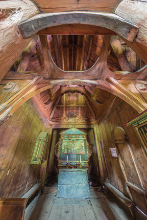 Editorial: LAERDAL, SOGN OG FJORDANE, NORWAY, June 11, 2018 - Looking at the ceiling structure just above the altar in the Borgund stave churchのeditorial素材