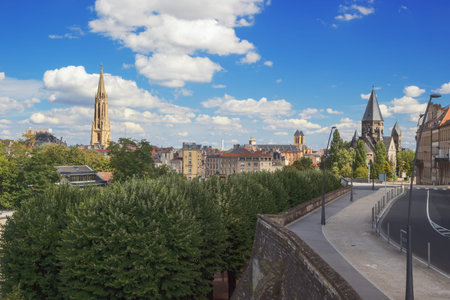 Skyline of Metz with the Garrison Church and the Temple Neuf seen from Moselle near the Esplanade