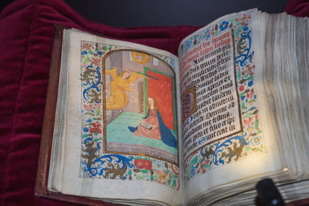 Editorial: FECAMP, SEINE-MARITIME, FRANCE, September 16, 2018 - Illuminated medieval manuscript in the Benedictine abbey with miniature illustrationsのeditorial素材