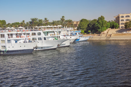 Nile cruise ships moored at the quay, in the vicinity of Luxor