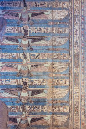 Colorful painting on the ceiling in the Temple of Kom Ombo