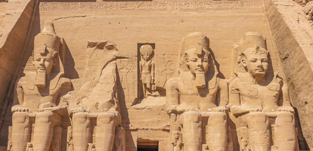 Four colossal statues of Ramesses II aligned in front of the Great Temple of Abu Simbel