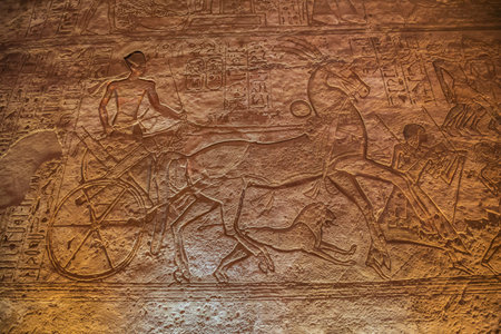 Depiction of Ramesses II in a chariot at the battle of Kadesh in the Great Temple of Abu Simbelのeditorial素材
