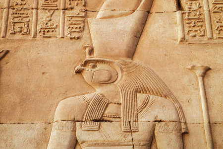 Close up depiction of Horus in the Temple of Kom Omboの写真素材