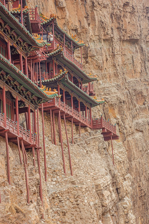 Editorial: DATONG, SHANXI, CHINA, April 8, 2019 - Detail of the right hand side of the Hanging Temple near Datongのeditorial素材