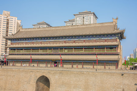 Editorial: XI'AN, SHAANXI, CHINA, April 11, 2019 - Looking at the archery tower in the city wall of...