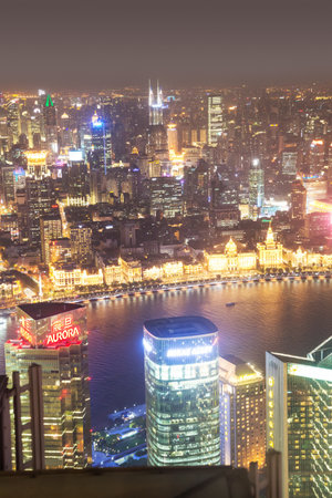 Editorial: SHANGHAI, CHINA, April 16, 2019 - Night view of the Bund and its historical buildings seen from the Jin Mao Tower in Shanghaiのeditorial素材