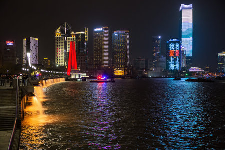 Editorial: SHANGHAI, CHINA, April 16, 2019 - Night illumination of Monument to the People's Heroes...