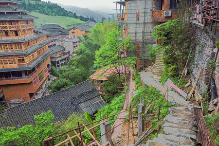 Editorial: PING'ANCUN, LONGSHENG, GUANGXI, CHINA, April 20, 2019 - Looking over the village of Ping'ancun in the Longsheng area near Guilinのeditorial素材