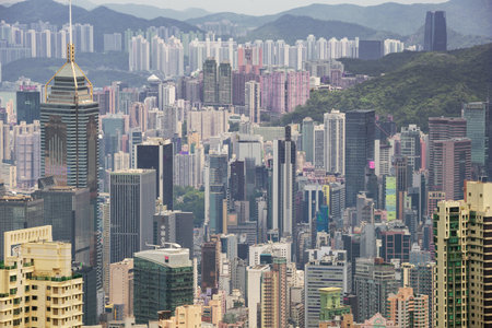 Editorial: HONG KONG, CHINA, April 22, 2019 - Looking over skyscrapers from Victoria Peak in Hong Kongのeditorial素材