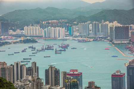 Editorial: HONG KONG, CHINA, April 22, 2019 - Zooming in on the ships in Victoria Harbor in Hong Kongのeditorial素材