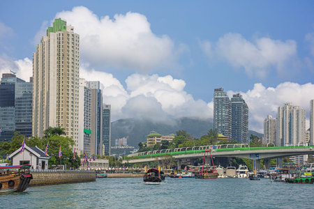 Editorial: HONG KONG, CHINA, April 22, 2019 - View of Aberdeen and its harbor in Hong Kong