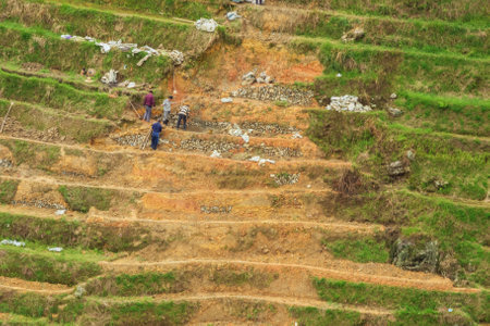 Editorial: PING'ANCUN, LONGSHENG, GUANGXI, CHINA, April 20, 2019 - Workmen repairing rice terraces at Ping'ancun village in the Longsheng area near Guilinのeditorial素材