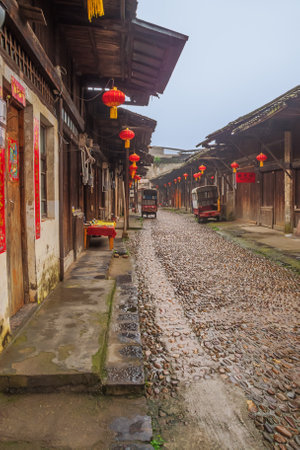 Editorial: DAXUZHEN, GUANGXI, CHINA, April 21, 2019 - Old town ambiance in Main Street in the old town of Daxuzhenのeditorial素材