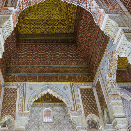 Editorial: MARRAKECH, MOROCCO, October 3, 2019 - Ceiling of the room with the royal graves in the Saadian tombs building a mausoleum in Marrakechのeditorial素材