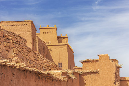 View of different buildings in traditional adobe style inside the ksar of Ait Benhaddou