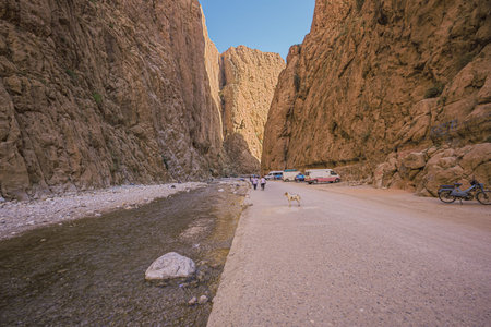 Editorial: TODRA GORGE, TINGHIR, TINGHIR PROVINCE, MOROCCO, October 8, 2019 - Road leading through the Todra Gorge between Tinghir and Tamtetouchtのeditorial素材