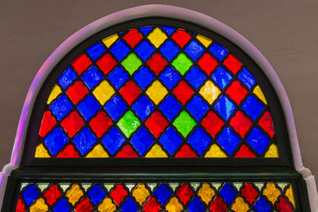 Stained glass window in the reception hall in the Bahia Palace in Marrakech