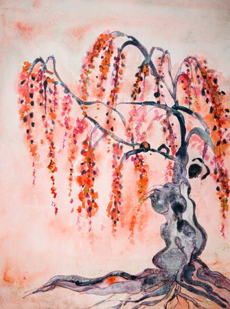 Sakura tree of life with blooming flowers. The dabbing technique near the edges gives a soft focus effect due to the altered surface roughness of the paper.の写真素材