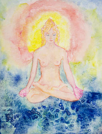 Woman rainbow meditation with levitation. The dabbing technique near the edges gives a soft focus effect due to the altered surface roughness of the paper.の写真素材