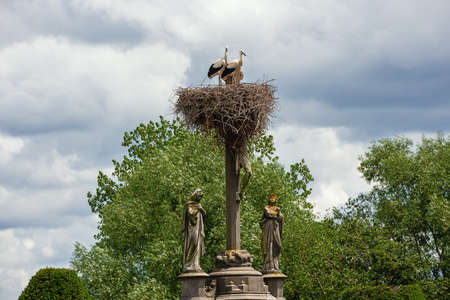 Pair of storks posing in their nest above Jesus' cross at the graveyard in Muizenの写真素材