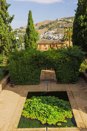 A pond in the Partal Gardens a terraced garden next to the way leading to the Generalifeの写真素材