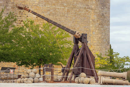 Trebuchet on display at the La Mota fortress, a large walled enclosure above Alcala la Realの写真素材