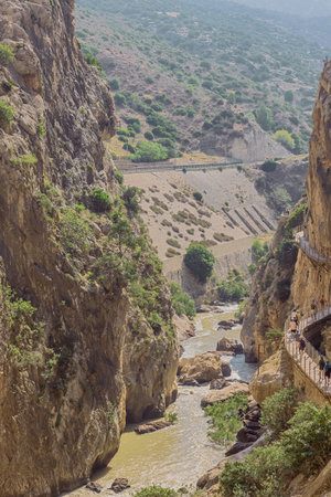 Editorial: CAMINITO DEL REY, ARDALES, ANDALUSIA, SPAIN, OCTOBER 1ST, 2021 - The Rio Guadalhorce widening up after the first part of the gorge, at the beginning of the King's pathway near Ardalesのeditorial素材