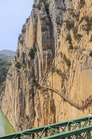 Editorial: CAMINITO DEL REY, ARDALES, ANDALUSIA, SPAIN, OCTOBER 1ST, 2021 - The exit of the King's pathway hanging above the Tajo de la Encantada reservoirのeditorial素材