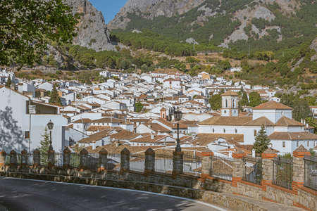 Looking down on the white houses of Grazalema from an outlook above the villageの写真素材