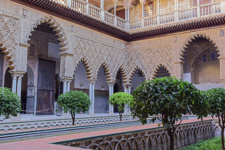 Editorial: SEVILLE, ANDALUSIA, SPAIN, OCTOBER 10, 2021 - The maidens courtyard in the Alcazar of Sevilleのeditorial素材