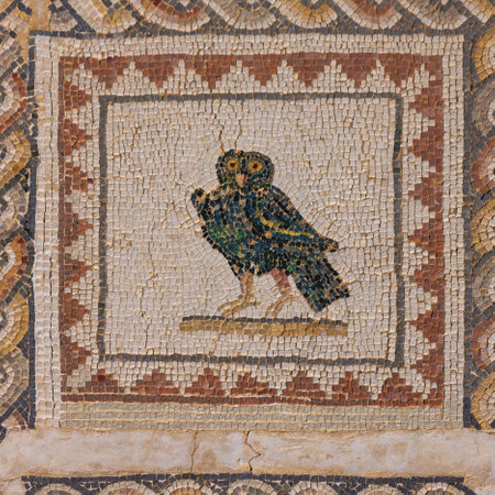 Mosaic of an owl on the floor of the House of the Birds in Italica, an archaeological site at the outskirts of Sevilleのeditorial素材