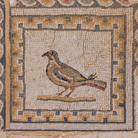 Mosaic of a pigeon on the floor of the House of the Birds in Italica, an archaeological site at the...