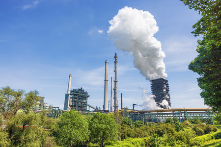 Quenching coke to produce fuel for blast furnaces in a coke factory next to the Alsumer Berg near Duisburgのeditorial素材