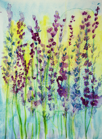Lavender summer impression. The dabbing technique near the edges gives a soft focus effect due to the altered surface roughness of the paper.の写真素材