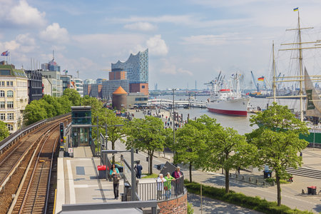 Editorial: HAMBURG, GERMANY, JUNE 1st, 2022 - Tourist attractions in St. Pauli with the Elbphilharmonie in the backgroundのeditorial素材