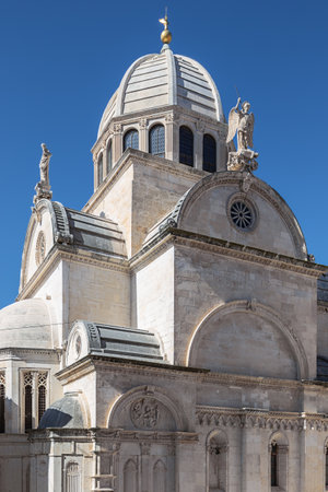 The dome of the Cathedral of St. James, triple-nave Catholic basilica in Sibenikの写真素材