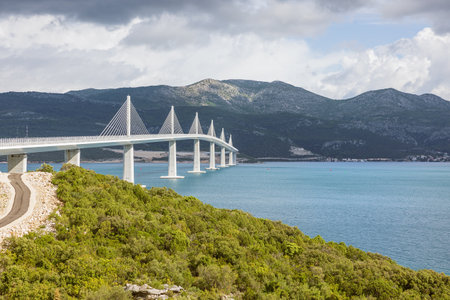 The southern access to the Peljesac Bridge with Komarna in the background connecting the main land with the Peljesac peninsulaの写真素材